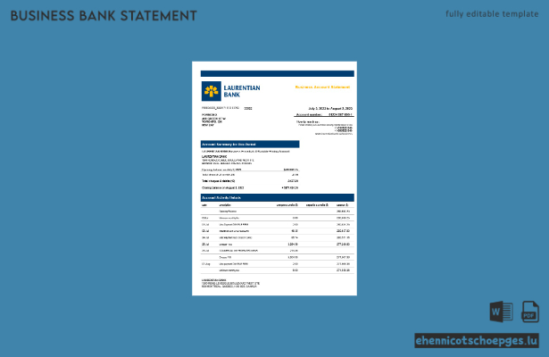 Beispielvorschau eines Kontoauszugs für ein Unternehmen der Laurentian Bank (Word und PDF)